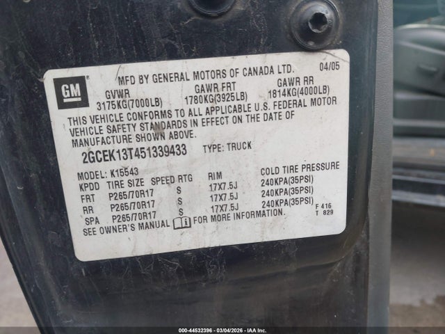 44532396 :رقم المزاد ، 2GCEK13T451339433 vin ، 2005 Chevrolet Silverado 1500 Z71 مزاد بيع