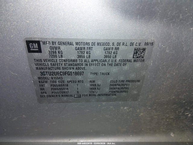 Продаж на аукціоні авто 2015 Gmc Sierra 1500 Sle, vin: 3GTU2UEC9FG518697, номер лоту: 44532419