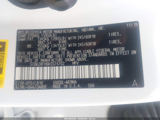 5TDKZRFH6KS574702 Toyota Highlander Xle