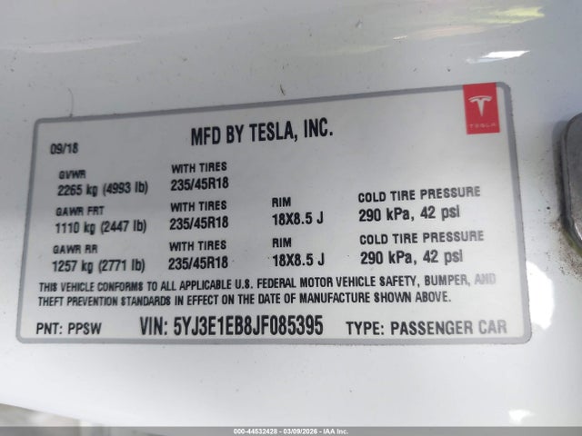 Продаж на аукціоні авто 2018 Tesla Model 3 Long Range/performance, vin: 5YJ3E1EB8JF085395, номер лоту: 44532428