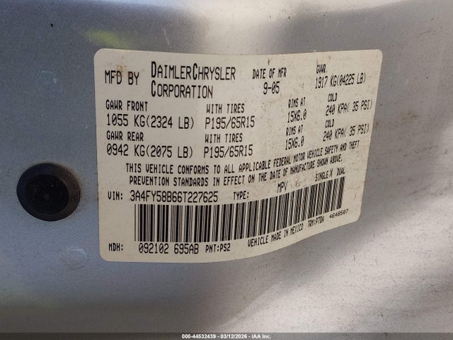 2006 Chrysler Pt Cruiser Touring მანქანა იყიდება აუქციონზე, vin: 3A4FY58B66T227625, აუქციონის ნომერი: 44532439