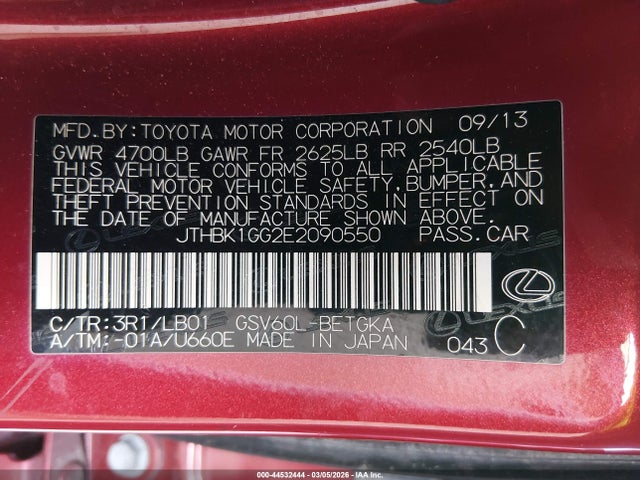 2014 Lexus Es 350 მანქანა იყიდება აუქციონზე, vin: JTHBK1GG2E2090550, აუქციონის ნომერი: 44532444