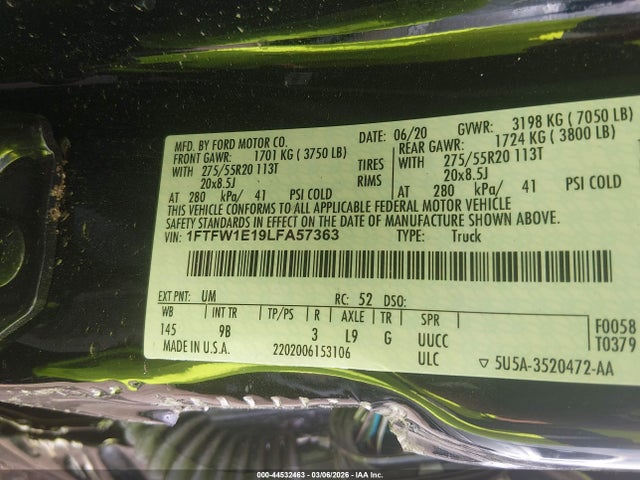 Продажа на аукционе авто 2020 Ford F-150 Platinum, vin: 1FTFW1E19LFA57363, номер лота: 44532463