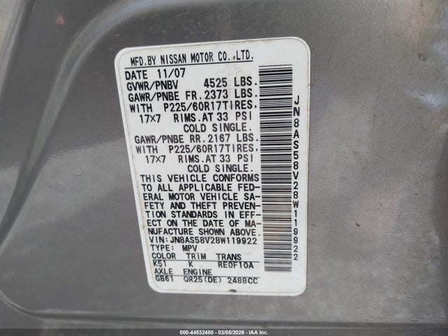 44532480 :رقم المزاد ، JN8AS58V28W119922 vin ، 2008 Nissan Rogue Sl مزاد بيع