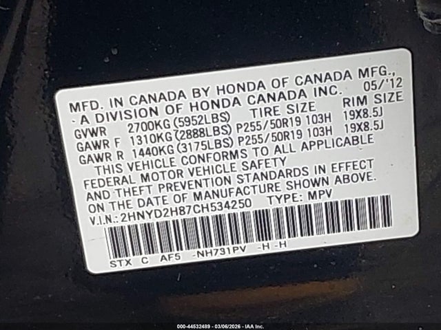 Aukcja sprzedaży 2012 Acura Mdx Advance Package, vin: 2HNYD2H87CH534250, numer aukcji: 44532489