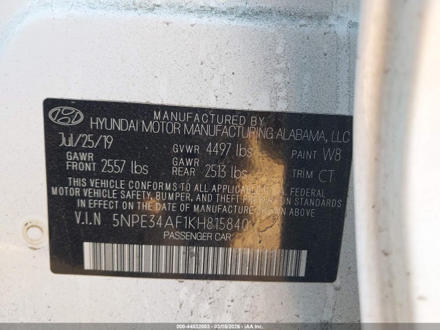 2019 Hyundai Sonata Sel მანქანა იყიდება აუქციონზე, vin: 5NPE34AF1KH815840, აუქციონის ნომერი: 44532503