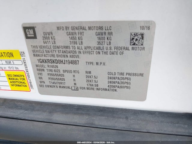 Продажа на аукционе авто 2017 Gmc Acadia Limited, vin: 1GKKRSKD0HJ194887, номер лота: 44532534