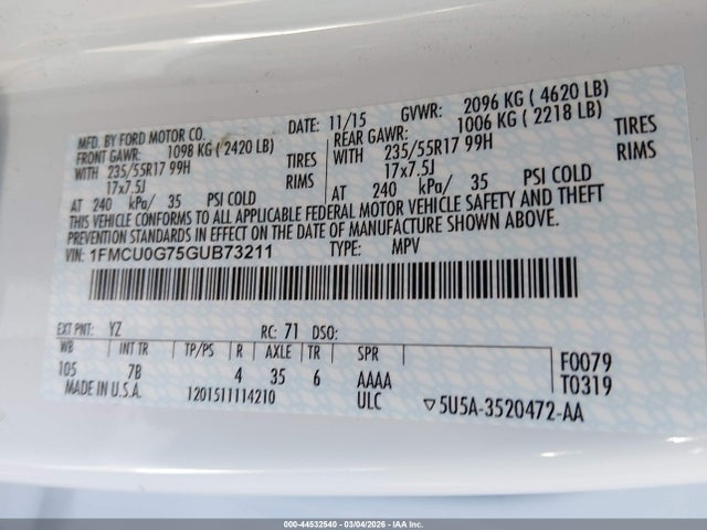 Ford ESCAPE SE 2016 1FMCU0G75GUB73211 Image 9