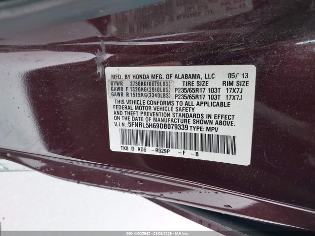 2013 Honda Odyssey Ex-l მანქანა იყიდება აუქციონზე, vin: 5FNRL5H69DB079339, აუქციონის ნომერი: 44532542