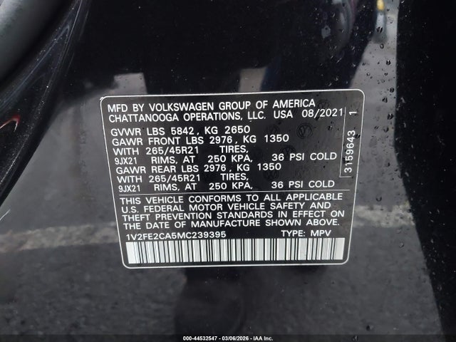 Aukcja sprzedaży 2021 Volkswagen Atlas Cross Sport 3.6l V6 Sel Premium R-line, vin: 1V2FE2CA5MC239395, numer aukcji: 44532547
