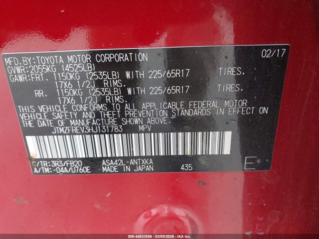 Продаж на аукціоні авто 2017 Toyota Rav4 Le, vin: JTMZFREV3HJ131783, номер лоту: 44532556