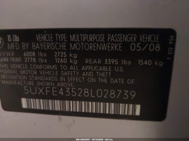 Aukcja sprzedaży 2008 Bmw X5 3.0si, vin: 5UXFE43528L028739, numer aukcji: 44532557