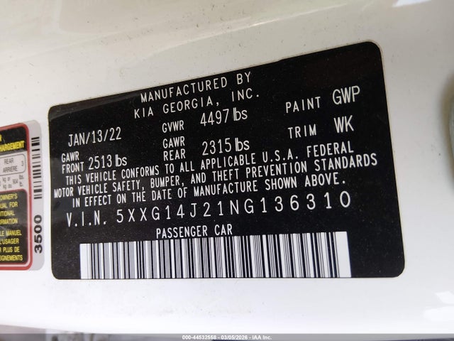 5XXG14J21NG136310 KIA K5 LXS