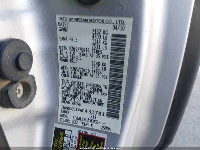 2010 Nissan Frontier Se-i4 მანქანა იყიდება აუქციონზე, vin: 1N6BD0CT4AC431781, აუქციონის ნომერი: 44532568