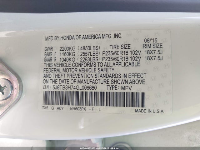 44532570 :رقم المزاد ، 5J8TB3H74GL006680 vin ، 2016 Acura Rdx Advance Package مزاد بيع