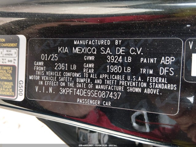 44532601 :رقم المزاد ، 3KPFT4DE9SE087437 vin ، 2025 Kia K4 Lxs مزاد بيع