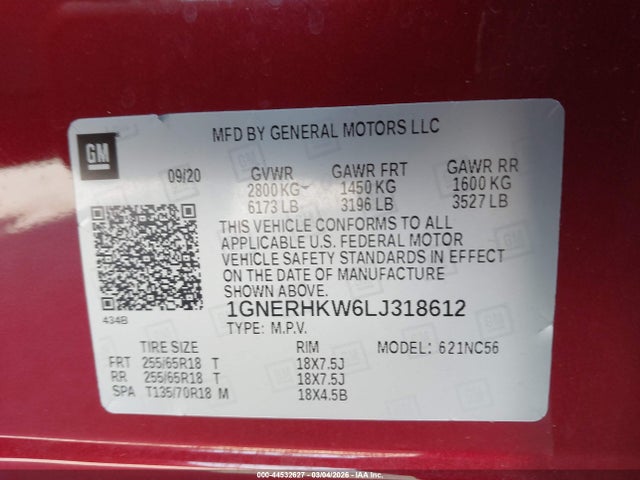 1GNERHKW6LJ318612 Chevrolet Traverse Fwd Lt Leather