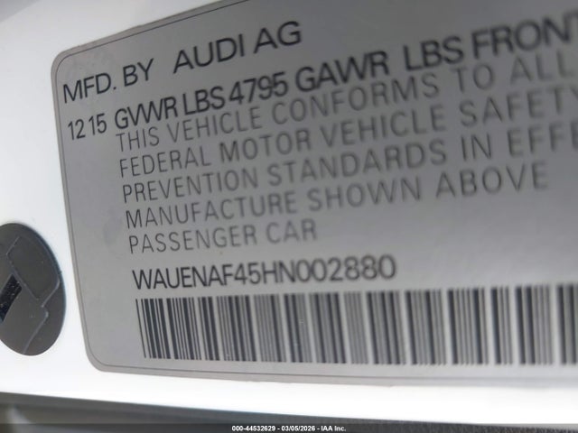 Продаж на аукціоні авто 2017 Audi A4 2.0t Premium, vin: WAUENAF45HN002880, номер лоту: 44532629