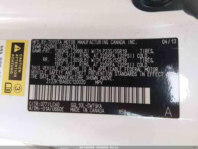 Aukcja sprzedaży 2013 Lexus Rx 350, vin: 2T2ZK1BA6DC120020, numer aukcji: 44532646