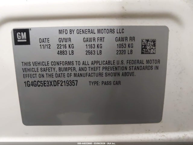 44532660 :رقم المزاد ، 1G4GC5E3XDF219357 vin ، 2013 Buick Lacrosse Leather Group مزاد بيع