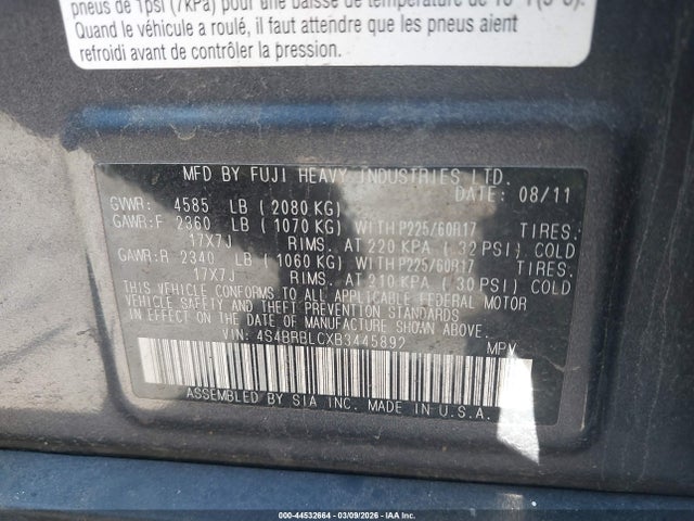 Продаж на аукціоні авто 2011 Subaru Outback 2.5i Limited, vin: 4S4BRBLCXB3445892, номер лоту: 44532664