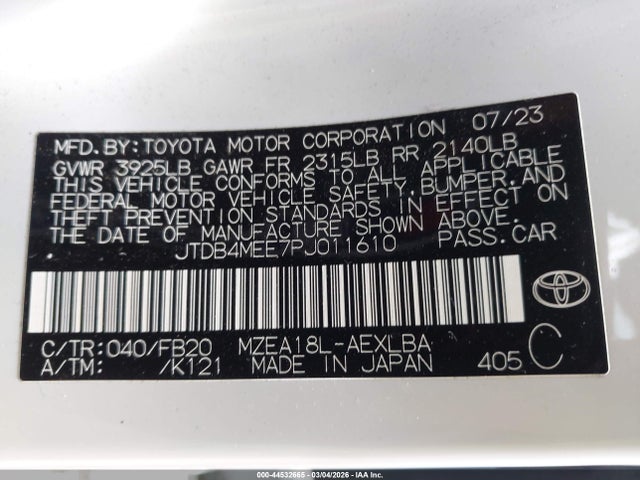 JTDB4MEE7PJ011610 Toyota COROLLA LE