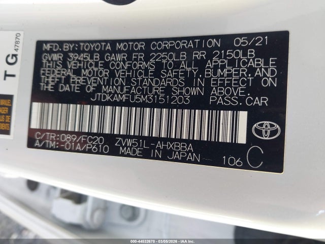 JTDKAMFU5M3151203 Toyota Prius L Eco