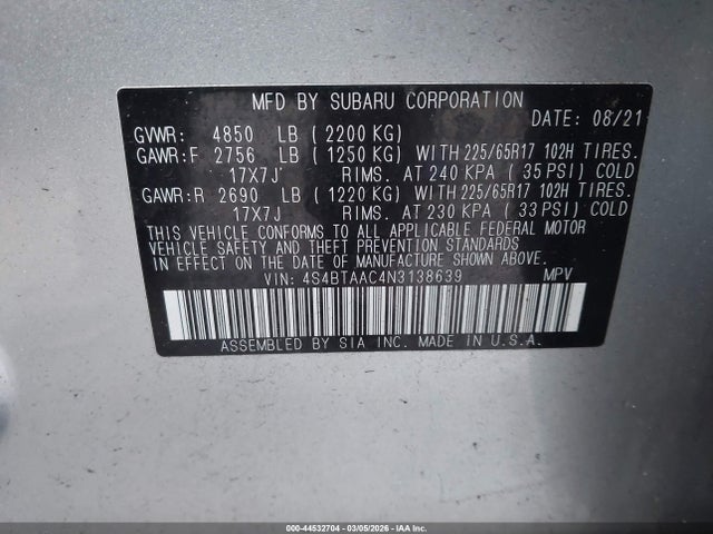 44532704 :رقم المزاد ، 4S4BTAAC4N3138639 vin ، 2022 Subaru Outback مزاد بيع