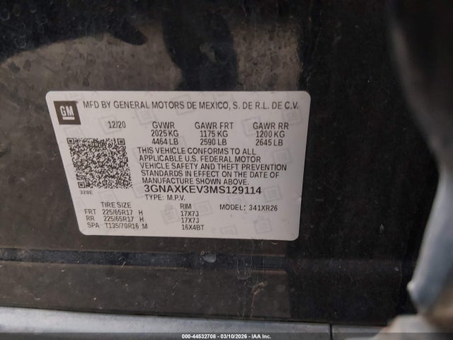 Продажа на аукционе авто 2021 Chevrolet Equinox Fwd Lt, vin: 3GNAXKEV3MS129114, номер лота: 44532708