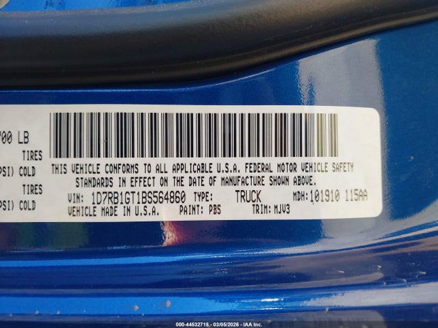 2011 Ram Ram 1500 Slt მანქანა იყიდება აუქციონზე, vin: 1D7RB1GT1BS564860, აუქციონის ნომერი: 44532718