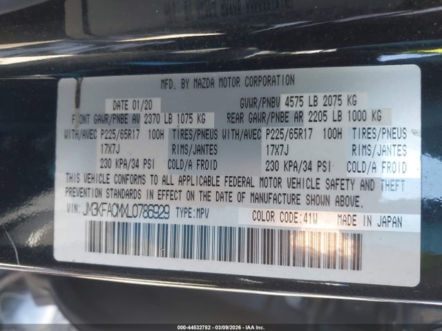 44532782 :رقم المزاد ، JM3KFACMXL0786929 vin ، 2020 Mazda Cx-5 Touring مزاد بيع