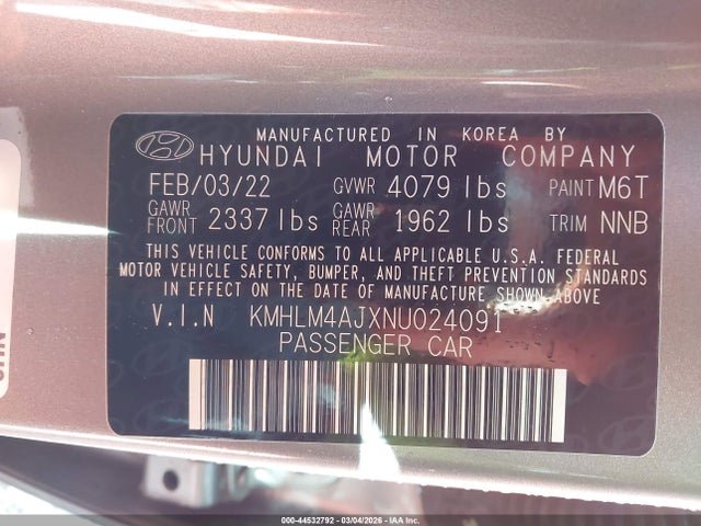 44532792 :رقم المزاد ، KMHLM4AJXNU024091 vin ، 2022 Hyundai Elantra Hybrid Blue مزاد بيع