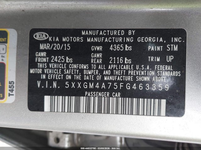 Aukcja sprzedaży 2015 Kia Optima Lx, vin: 5XXGM4A75FG463359, numer aukcji: 44532795