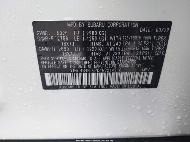 Aukcja sprzedaży 2022 Subaru Outback Touring Xt, vin: 4S4BTGPD1N3214918, numer aukcji: 44532798
