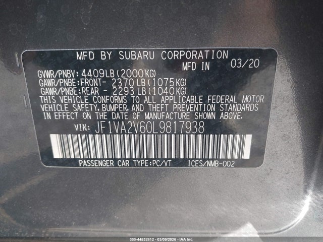 Aukcja sprzedaży 2020 Subaru Wrx Sti Limited, vin: JF1VA2V60L9817938, numer aukcji: 44532812
