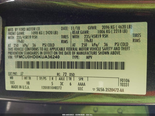 Auction sale of the 2019 Ford Escape Sel, vin: 1FMCU0HD0KUA36240, lot number: 44532822