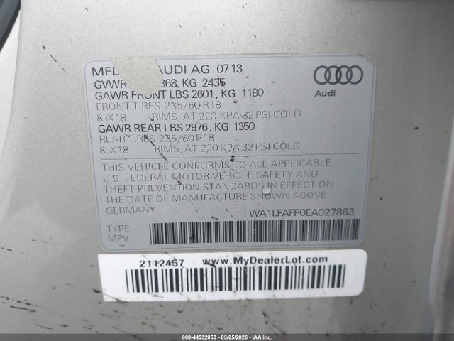 Aukcja sprzedaży 2014 Audi Q5 2.0t Premium, vin: WA1LFAFP0EA027863, numer aukcji: 44532850