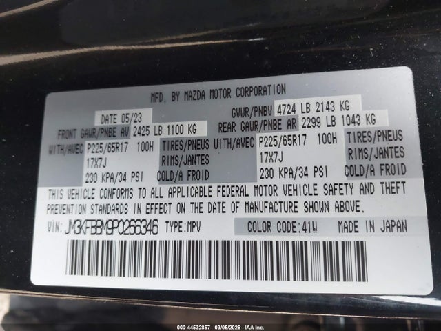 44532857 :رقم المزاد ، JM3KFBBM9P0266346 vin ، 2023 Mazda Cx-5 2.5 S Select مزاد بيع