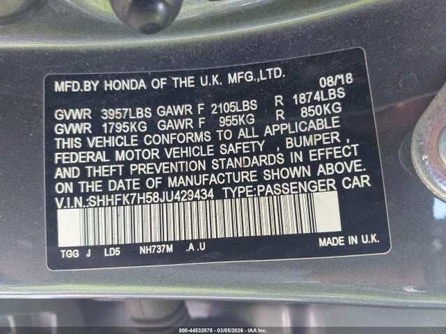 SHHFK7H58JU429434 Honda CIVIC EX