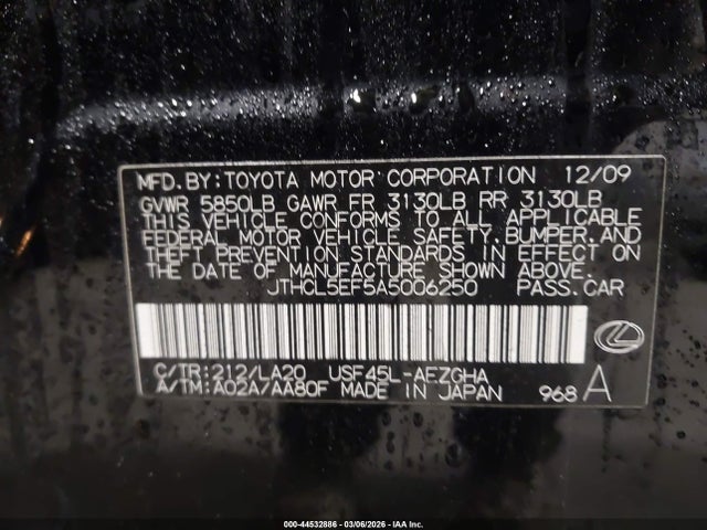 44532886 :رقم المزاد ، JTHCL5EF5A5006250 vin ، 2010 Lexus Ls 460 مزاد بيع