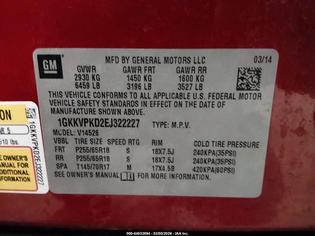 Aukcja sprzedaży 2014 Gmc Acadia Sle-2, vin: 1GKKVPKD2EJ322227, numer aukcji: 44532894