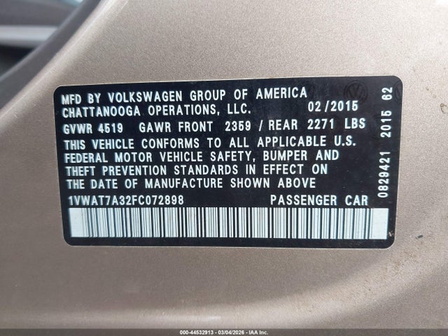 44532913 :رقم المزاد ، 1VWAT7A32FC072898 vin ، 2015 Volkswagen Passat 1.8t S مزاد بيع