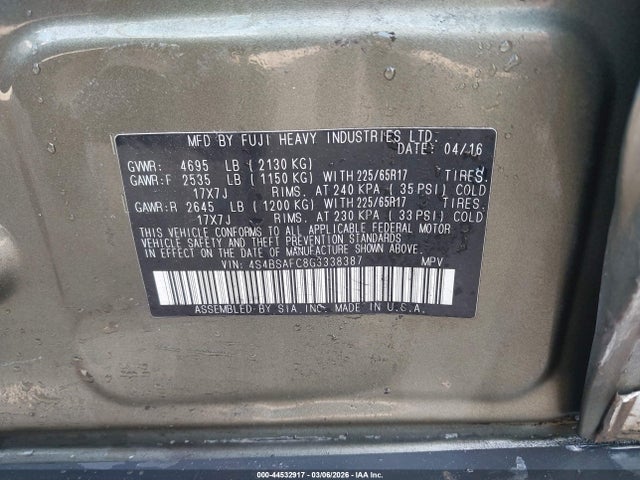 Продаж на аукціоні авто 2016 Subaru Outback 2.5i Premium, vin: 4S4BSAFC8G3338387, номер лоту: 44532917