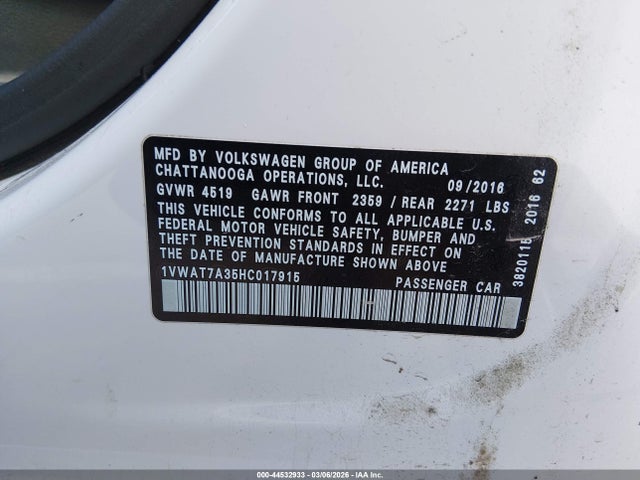 44532933 :رقم المزاد ، 1VWAT7A35HC017915 vin ، 2017 Volkswagen Passat 1.8t S مزاد بيع