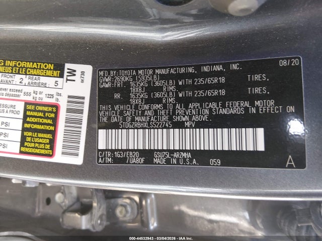 5TDGZRBHXLS522745 Toyota Highlander Xle