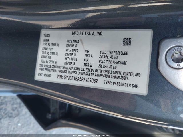 2023 Tesla Model 3 Rear-wheel Drive მანქანა იყიდება აუქციონზე, vin: 5YJ3E1EA5PF707032, აუქციონის ნომერი: 44532983