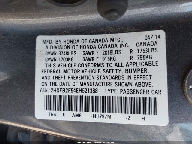 Продажа на аукционе авто 2014 Honda Civic Lx, vin: 2HGFB2F54EH521388, номер лота: 44532996