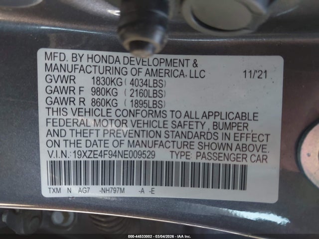 Aukcja sprzedaży 2022 Honda Insight Touring, vin: 19XZE4F94NE009529, numer aukcji: 44533002