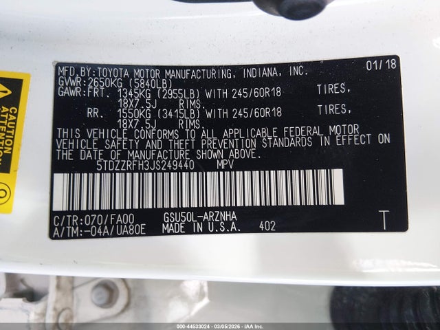 Toyota Highlander Le Plus 2018 5TDZZRFH3JS249440 Image 9