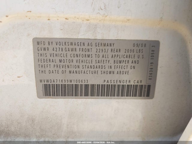 44533098 :رقم المزاد ، WWWDA71K99W100633 vin ، 2009 Volkswagen Rabbit مزاد بيع